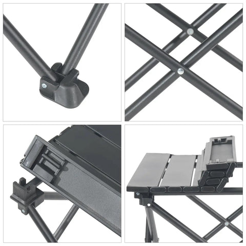 Details of Roll Up Camping Table For Four Ultra Lightweight Portable Outdoor Table with black frame joints and folding mechanism.