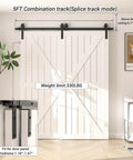 Five Foot Bypass Sliding Barn Door Hardware Kit For Double Wooden Doors On A Single Track With Combination Track Mode Fits Door Openings Up To Fifty Seven Inches Easy Install Roughly Six Inch Overlap Space, shown in a modern interior setting