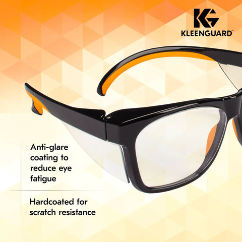 Maverick Eye Protection Glasses With Clear Anti Glare Lenses, Black Frame And Orange Tips, Modern Lightweight Safety Eyewear For Work, ANSI Z87.1 Certified, 12 Pairs Per Case