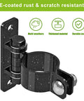 Heavy Duty Chain Link Gate Hinges 4 Pairs 2 And 3 Eighths Inch Outer Diameter Carbon Steel Wall Mount Fence Hardware With E Coated Rustproof Finish Carriage Bolts Included For Farm And Garden Wood To Metal Gates Black wet hinge close-up