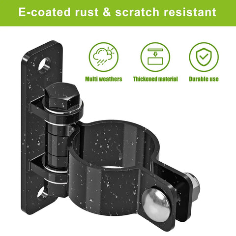 Heavy Duty Gate Hinges For Chain Link Fences Tough As Nails Carbon Steel With Electroplated Rust Resistant Finish Fits 2 3 8 Inch Posts For Farm Yard Gates Real Deal Installation Two Pack Black close-up showing the hinge against a wet background.