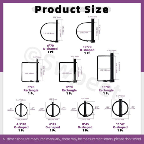 Heavy Duty Shaft Locking Pin Kit With 9 Pieces In 9 Sizes 3/16 In To 3/8 In Black Zinc Plated Round Square Arch Pins Product Size Chart