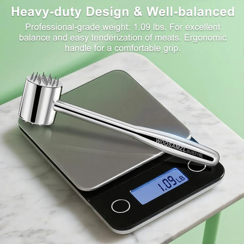 Dual Sided 316L Stainless Steel Meat Tenderizer Mallet With 19 Sharp Needle Spikes on digital scale showing 1.09 lbs