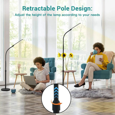 LED Floor Lamp With Adjustable Height And Stepless Dimming shown in living room, minimalist black design, retractable pole demonstrated.