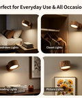 USB Rechargeable Wall Light Set Two Pack With 360 Degree Rotating Magnetic Heads shown in bedroom, closet, and more.