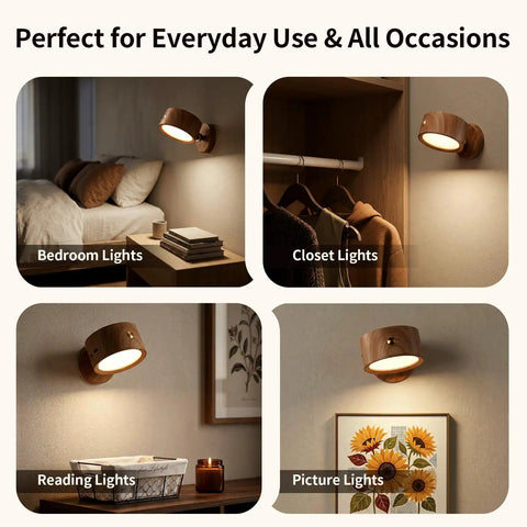 USB Rechargeable Wall Light Set Two Pack With 360 Degree Rotating Magnetic Heads shown in bedroom, closet, and more.