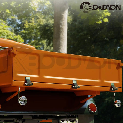 Weld On Trailer Hinges With Grease Fitting, Short Leaf Design Beefy Heavy Duty Dump Trailer Hinges, Raw Surface Finish Truck Trailer Door Hinge, 2 Pack For Easy Install mounted on orange dump trailer door