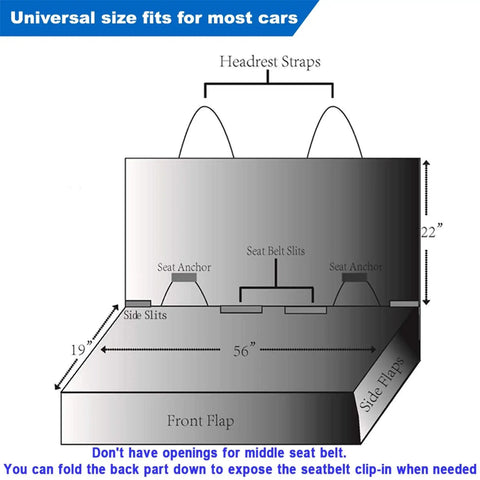 Diagram showing Heavy Duty Waterproof Bench Car Seat Cover Protector For Dogs with dimensions and strap details.