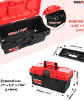 Lightweight 14 Inch Plastic Tool Box with Comfortable Handle and Removable Tray, Dual Lock Latches, Red Finish, Internal Size View
