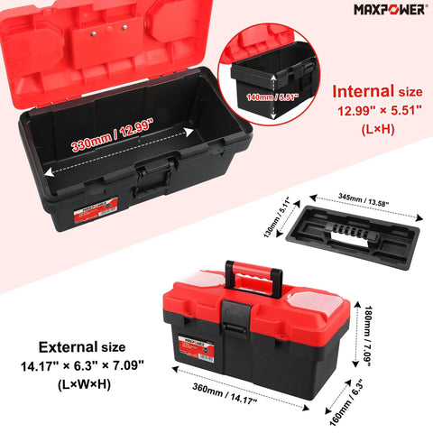 Lightweight 14 Inch Plastic Tool Box with Comfortable Handle and Removable Tray, Dual Lock Latches, Red Finish, Internal Size View