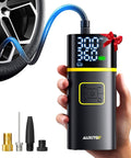 Person using Go To Portable Tire Inflator Air Compressor With Gauge 150 Psi Fast Inflation In Under 1 Minute, shown with tire and nozzles.
