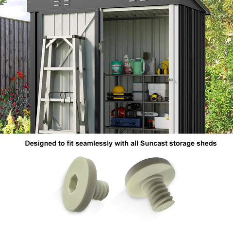 Premium 20 Pack Replacement Bolts Compatible With Suncast Storage Sheds close-up of two white ABS fasteners for shed repairs