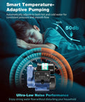 Sleeping child next to 1.5HP water pressure booster pump with digital pressure display, emphasizing ultra-low noise performance.