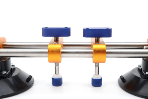 Pro Grade Seamless Seam Setter With 6 Inch Suction Cups showing double pole with stainless steel and blue adjustment knobs.