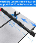 Top Shelf Table Saw Miter Gauge With Dead On Micro Adjustable Flip Stop, Extended Track Fence, Quick Angle Lock, Killer Precision For Woodworking Crosscuts And Joinery showing adjustable table saw fence support 0 to 36 inches.