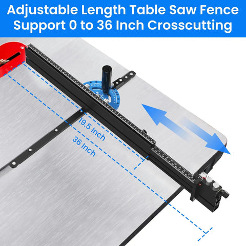 Top Shelf Table Saw Miter Gauge With Dead On Micro Adjustable Flip Stop, Extended Track Fence, Quick Angle Lock, Killer Precision For Woodworking Crosscuts And Joinery showing adjustable table saw fence support 0 to 36 inches.