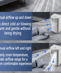 No Sweat Portable Air Conditioner And Swamp Cooler With Remote Control And 1L Tank Plus 24 Hour Timer Whisper Quiet Evaporative Cooling Dehumidifier Smooth Pick For Bedroom Garage Workspace showcasing airflow direction settings.
