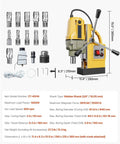 Heavy Duty Portable Magnetic Drill Press For Metal with accessories and specifications displayed, 1400W power, and solid base.