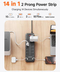 Flat Plug Power Strip With Surge Protector 1700J Converts 2 Prong To 3 Prong Outlets Beefed Up For 14 Bulky Plugs in use on desk