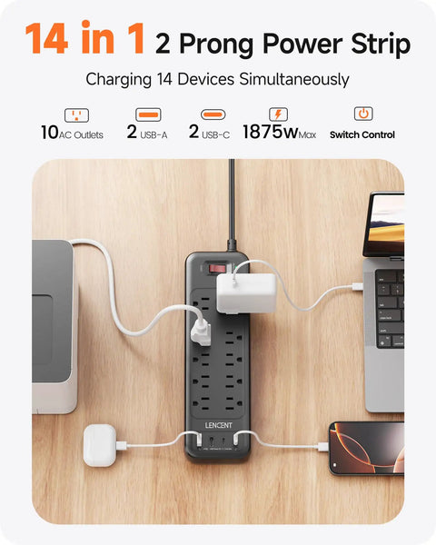 Flat Plug Power Strip With Surge Protector 1700J Converts 2 Prong To 3 Prong Outlets Beefed Up For 14 Bulky Plugs in use on desk