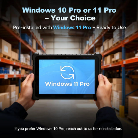 Built Like A Tank 10.1 Inch Rugged Tablet PC With Windows 11 Pro And Intel Core I5 16Gb Ram 128Gb Storage Ip67 Waterproof Screen Reads Clear In Direct Sunlight held in hands in warehouse setting.