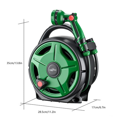 Retractable 50 Ft Garden Hose Reel With Half Inch Hose And 10 Pattern Nozzle, shown in compact design with size measurements