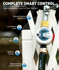 Smart WiFi Water Timer For Garden Hose And Sprinklers With Brass Inlet, Tuya App Control On 2.4Ghz WiFi And Bluetooth shown attached to hose