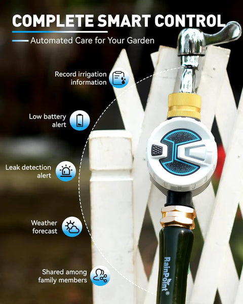 Smart WiFi Water Timer For Garden Hose And Sprinklers With Brass Inlet, Tuya App Control On 2.4Ghz WiFi And Bluetooth shown attached to hose