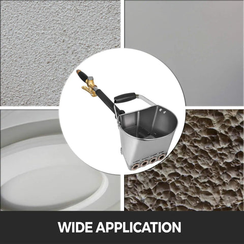 Four Jet Cement Mortar Sprayer For Walls Ceilings And Roofs Pneumatic Stucco Spray Gun showing nozzle and texture application examples