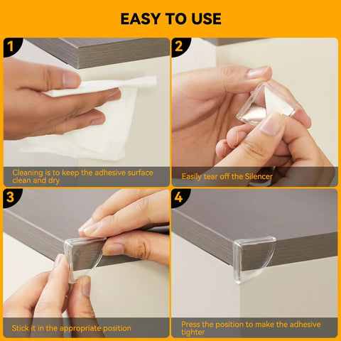 Instructions on using Fan Shaped Furniture Corner Protectors With Strong 3M Adhesive Tape Slam Dunk Edge Guards for easy installation.