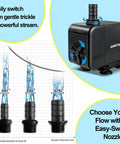 320 GPH Submersible Water Pump For Aquarium Pond And Hydroponics Quiet Energy Efficient With Three Nozzles Six Point Six Foot Power Cord And Max Lift Four Point Nine Feet shown with nozzle options
