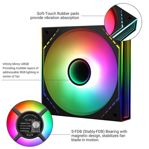 120mm ARGB CPU Cooler Case Fan With Side Mirror Light, PWM 4-Pin Connector, Silent S-FDB Bearing, vibrant RGB lighting