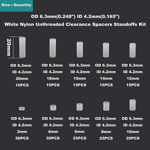 White Nylon Unthreaded Clearance Spacers And Standoffs Kit With 6.3mm Outer Diameter And 4.2mm Inner Diameter, various lengths shown