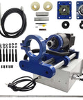 Portable line boring machine, front view, blue frame with motor, control pendant, 5.25 ft connecting bar, and accessories.