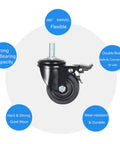 Heavy Duty M16x30mm Stem Casters With Low Gravity Center Swivel Action for Industry and Workbenches, caster with brake, 3000 lb capacity