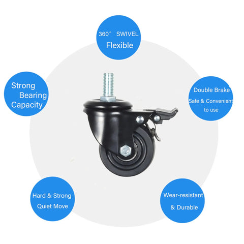 Heavy Duty M16x30mm Stem Casters With Low Gravity Center Swivel Action for Industry and Workbenches, caster with brake, 3000 lb capacity