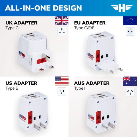 Universal Travel Adapter With 2 USB Ports For US Europe UK Ireland Australia And 100 Countries, Compact Travel Buddy display