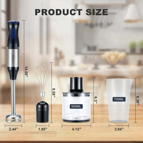 Badass 1000W Immersion Blender Handheld Stick Mixer Copper Motor And Stainless Steel Blades with beaker and chopper bowl sizes.