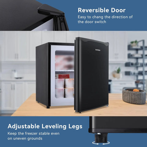 1.1 Cu Ft Upright Mini Freezer In Matte Black For Dorms And Small Bedrooms showing reversible door and adjustable leveling legs.