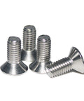 Pack Of 100 M4 X 12mm Stainless Steel Hex Drive Flat Head Machine Screws showing four screws with flush heads for secure fitting.