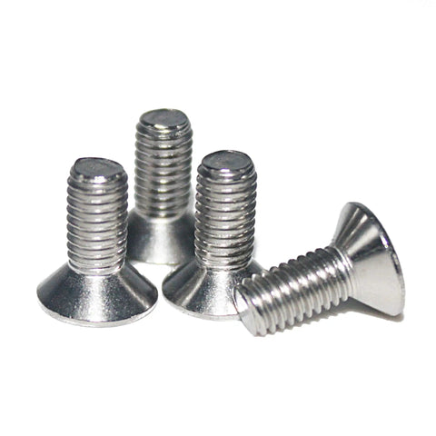Pack Of 100 M4 X 12mm Stainless Steel Hex Drive Flat Head Machine Screws showing four screws with flush heads for secure fitting.