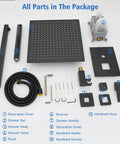 All parts of Matte Black 12 Inch Square Rain Shower Head With Adjustable Slide Bar Handheld Sprayer 1.5m Hose Wall Mounted High Pressure 2 In 1 Shower System shown.