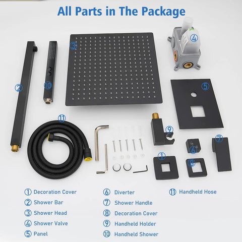 All parts of Matte Black 12 Inch Square Rain Shower Head With Adjustable Slide Bar Handheld Sprayer 1.5m Hose Wall Mounted High Pressure 2 In 1 Shower System shown.