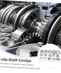 Close-up of gears and bearings with 175 Piece Steel Snap Ring Kit C Type Retaining Ring Clips Set inset view