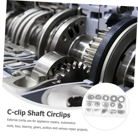 Close-up of gears and bearings with 175 Piece Steel Snap Ring Kit C Type Retaining Ring Clips Set inset view