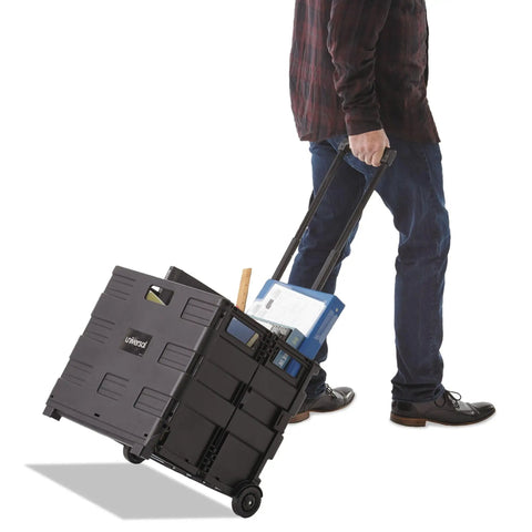 Person pulling Collapsible Rolling Storage Crate With Telescoping Handle, 1.7 Cu Ft Capacity, Folds Flat To 3.5 Inches, Black