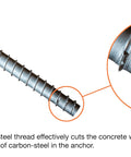 Heavy Duty Half Inch By Four Inch Stainless Steel Screw Anchor For Concrete And Masonry Type 304 Seismic And Static Load Rated No Special Drill Bit Needed Hex Washer Head Self Drilling 20 Pack with close-up detail of threads