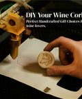 Laser engraving on wooden wine cork for a DIY project.