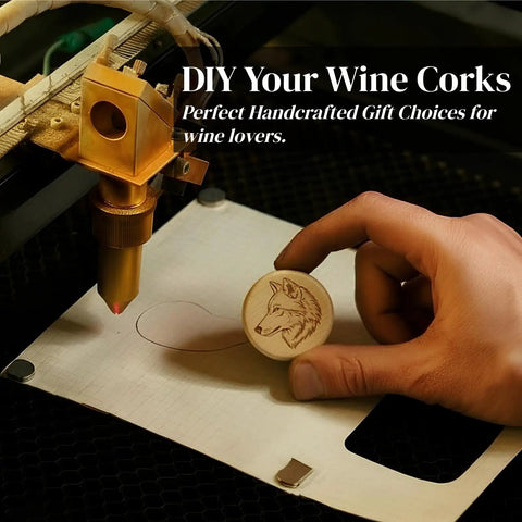 Laser engraving on wooden wine cork for a DIY project.