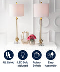 Dope Brass LED Table Lamps Set of 2 With Crystal Bases Mid Century Modern Sputnik Design on white console in living room.